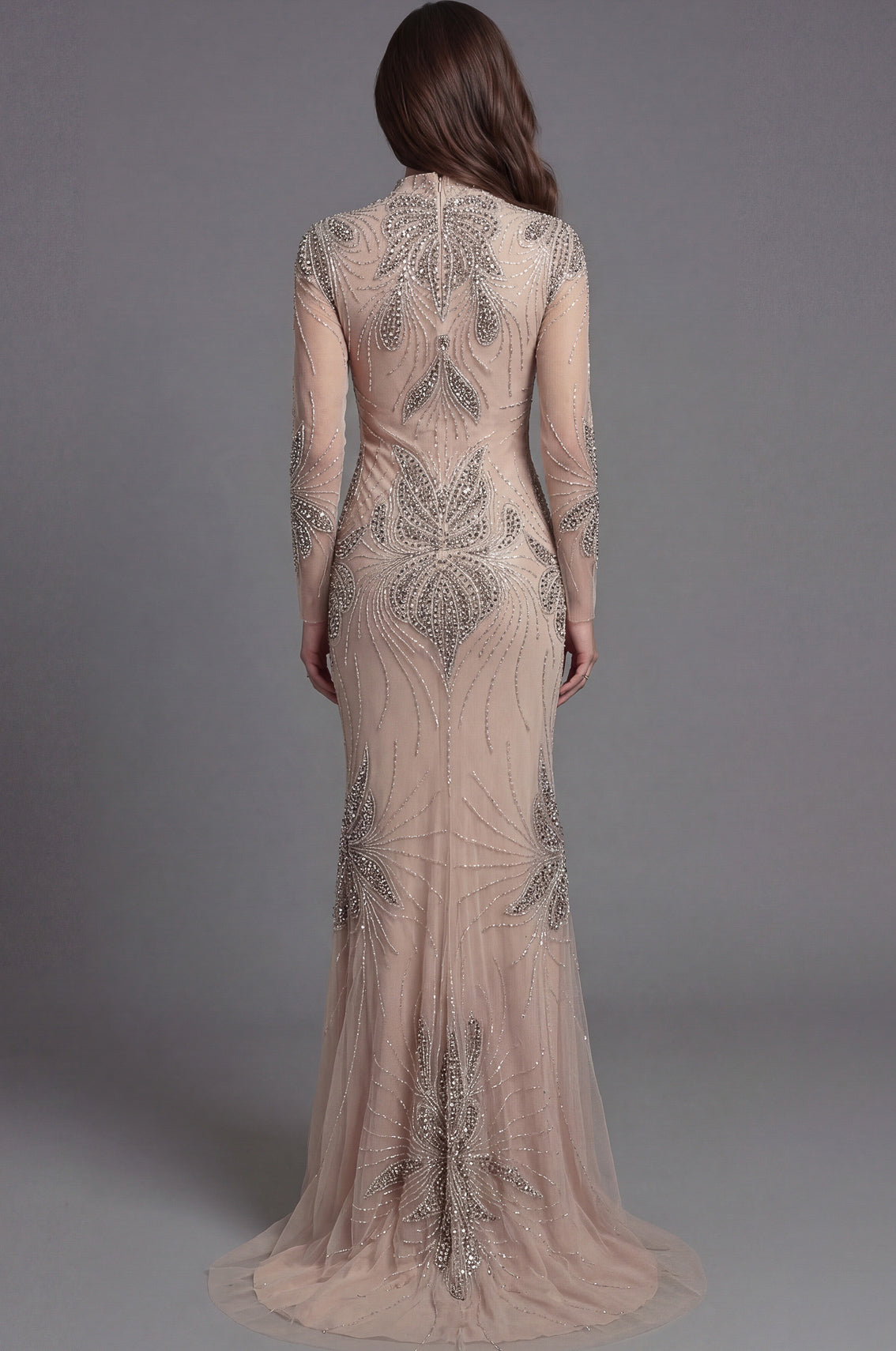 Nude llusion High Neck Floor-Length Beaded Mesh Mermaid Gown with Long Sheer Sleeves Jovani 47094