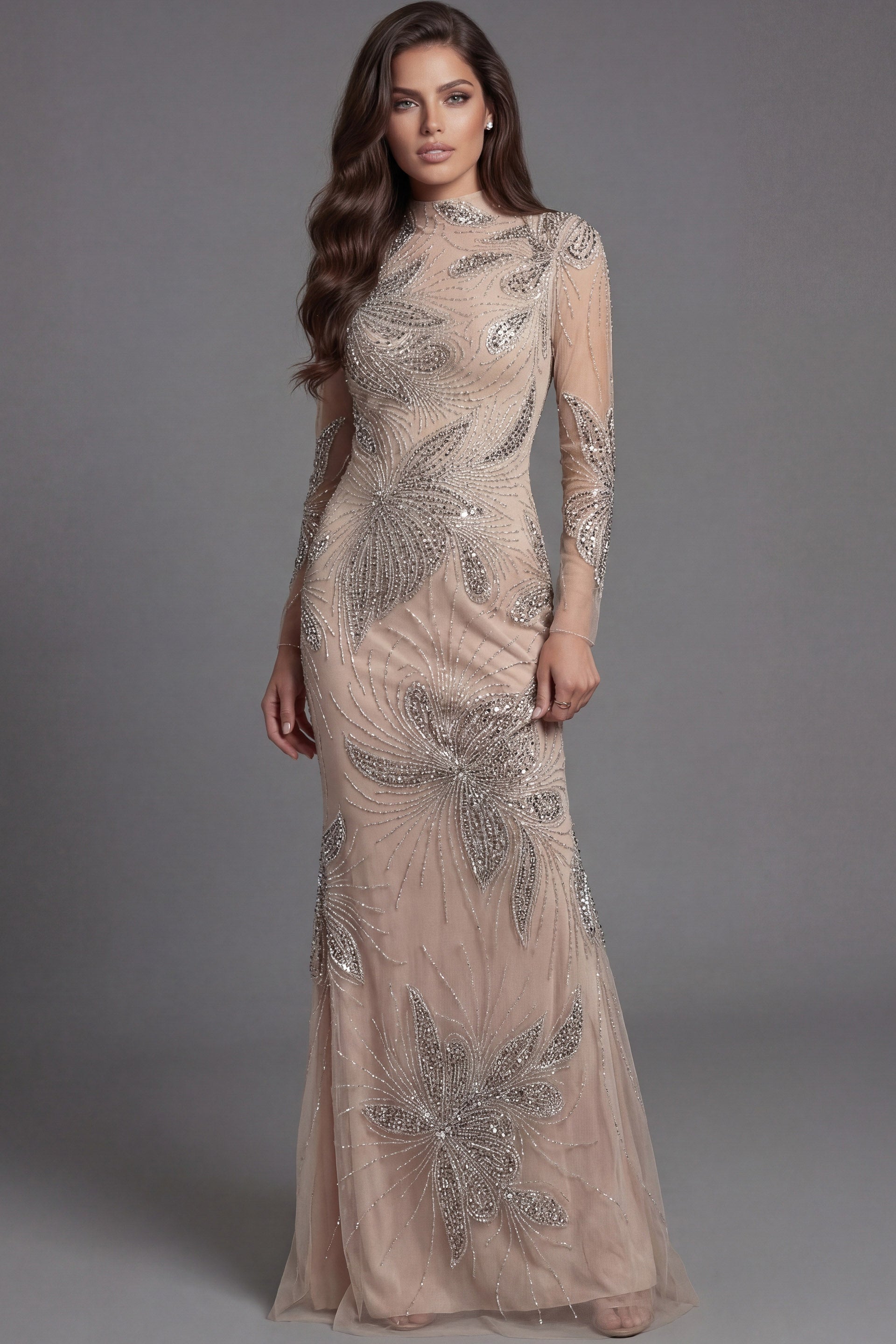 Nude llusion High Neck Floor-Length Beaded Mesh Mermaid Gown with Long Sheer Sleeves Jovani 47094
