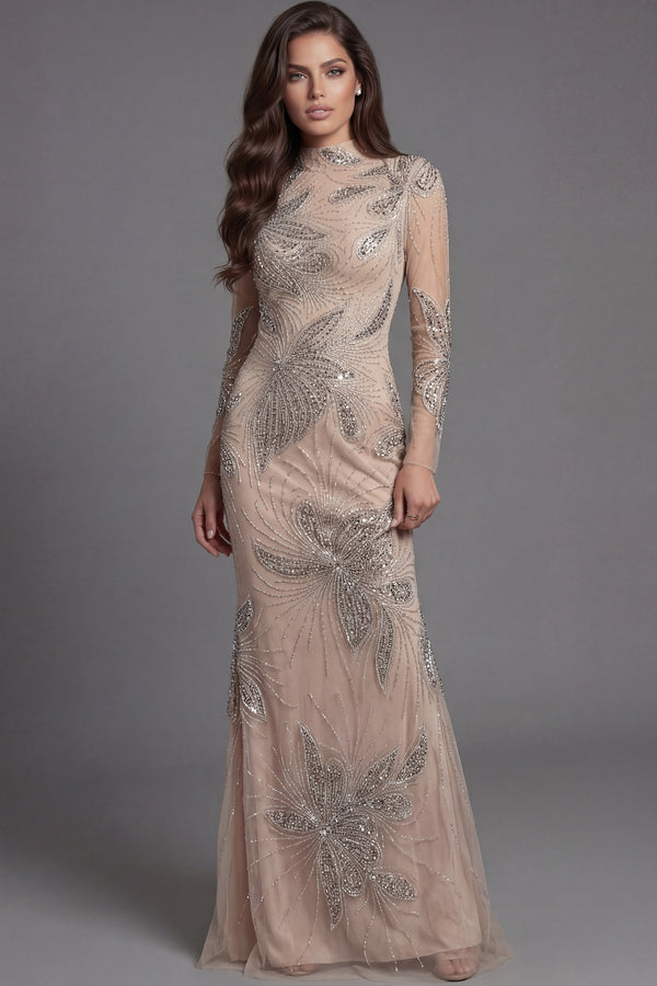 llusion High Neck Floor-Length Beaded Mesh Mermaid Gown with Long Sheer Sleeves Jovani 47094