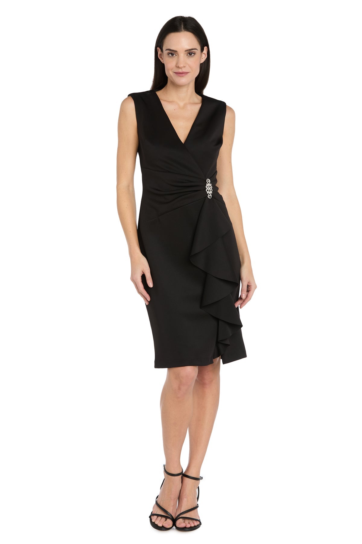 Black R&M Richards 4709 V-Neck Knee-Length Scuba Cocktail Dress Ruffle