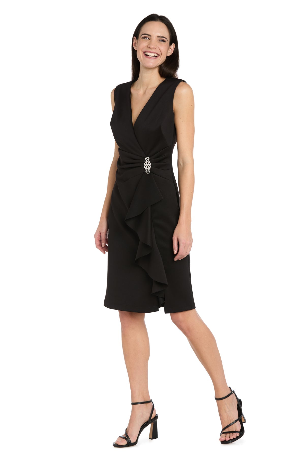 Black R&M Richards 4709 V-Neck Knee-Length Scuba Cocktail Dress Ruffle