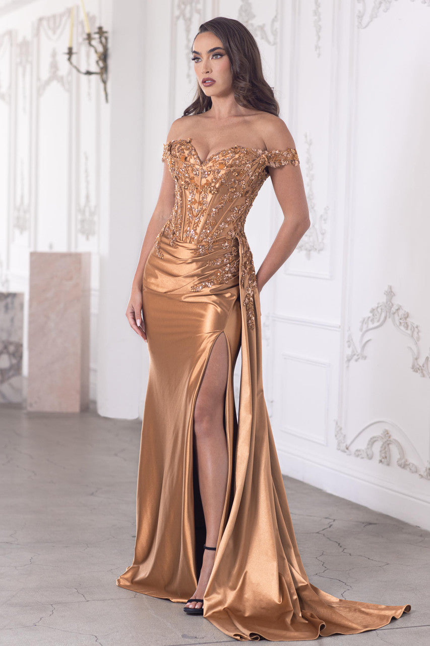 Prom Dresses Long Prom Fitted Corset Formal Pleated Dress Lenovia 8397 Gold