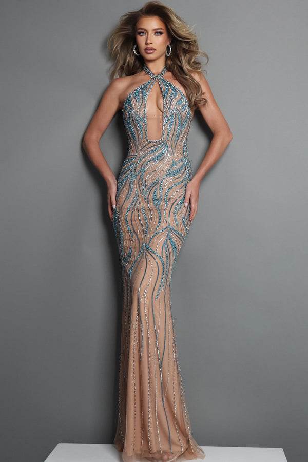 Halter Floor-Length Mesh Evening Sheath Jovani 47170