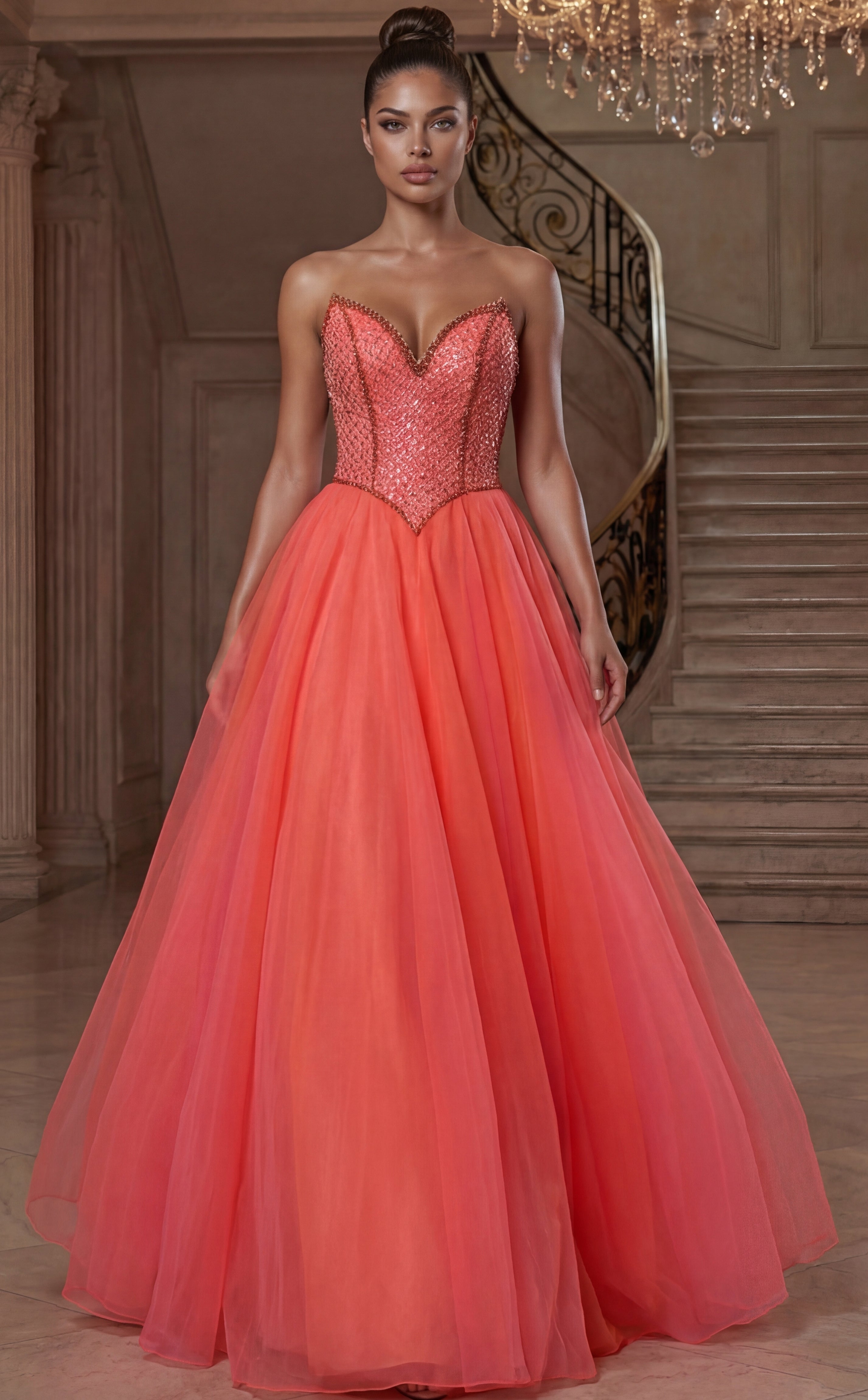 Neon Orange Strapless Sweetheart Ball Gown Floor-Length Tulle Skirt Beaded Corset Formal Gown Jovani 47196