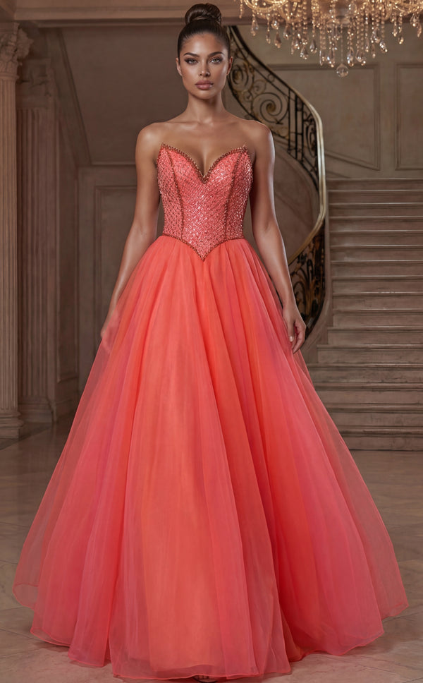 Strapless Sweetheart Ball Gown Floor-Length Tulle Skirt Beaded Corset Formal Gown Jovani 47196