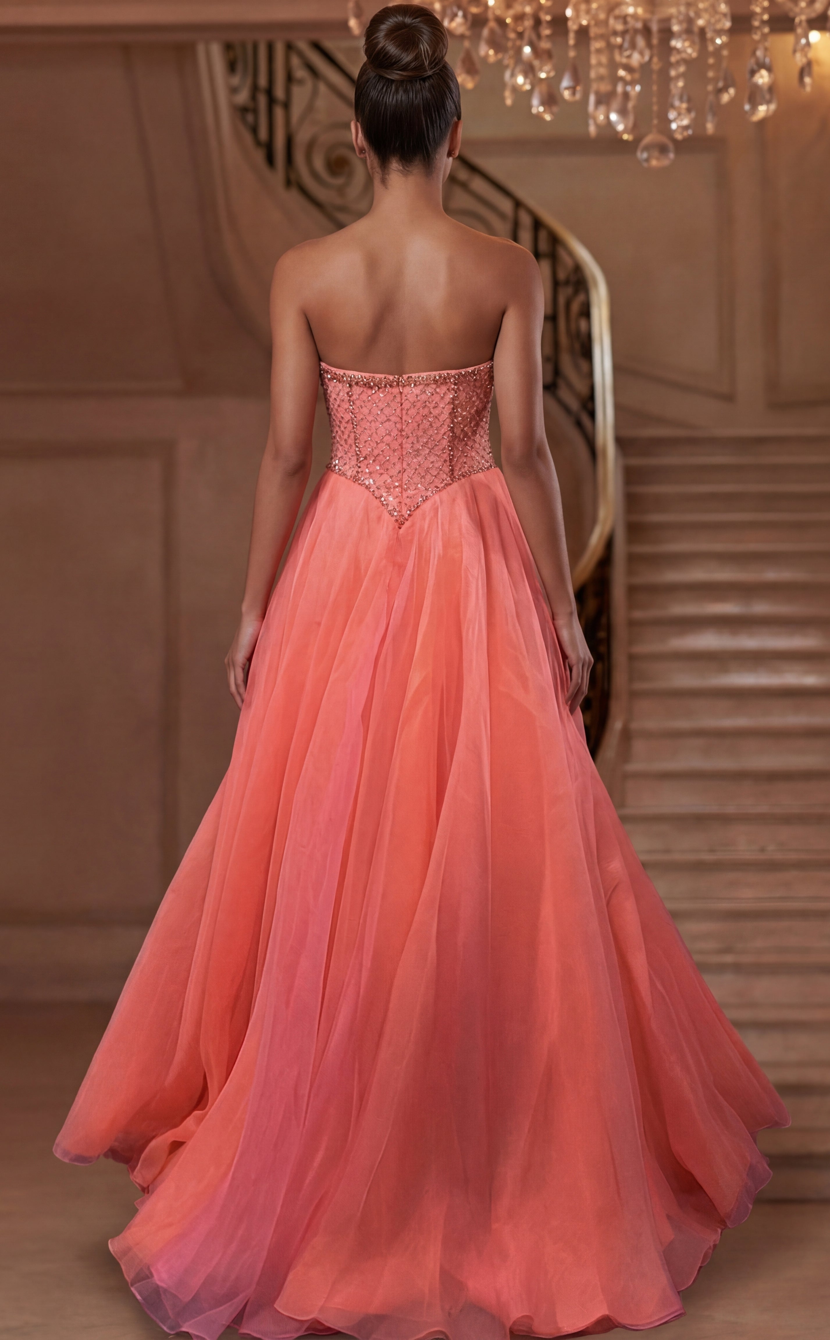 Neon Orange Strapless Sweetheart Ball Gown Floor-Length Tulle Skirt Beaded Corset Formal Gown Jovani 47196