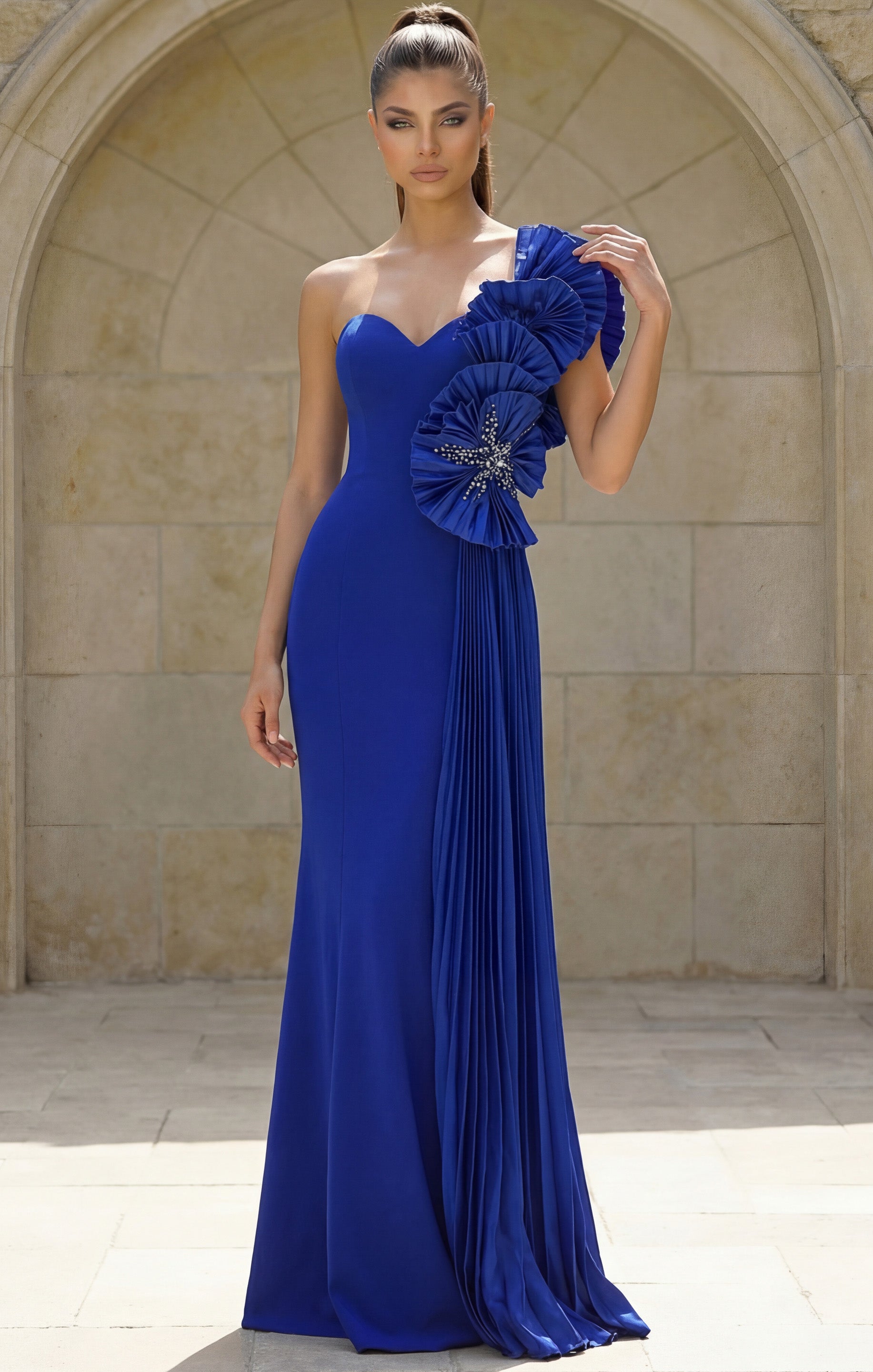 Royal Off-the-Shoulder Floor-Length Scuba Formal Gown with Floral Ruffle Jovani 47202
