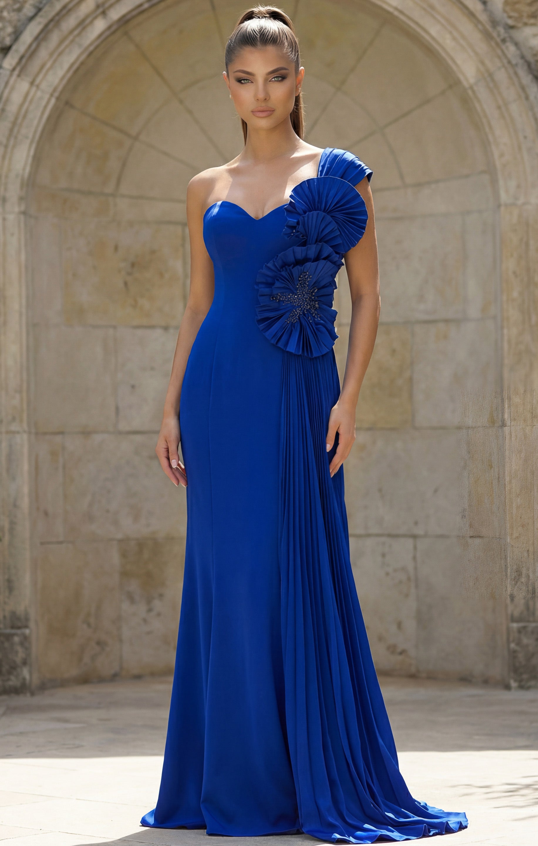 Royal Off-the-Shoulder Floor-Length Scuba Formal Gown with Floral Ruffle Jovani 47202
