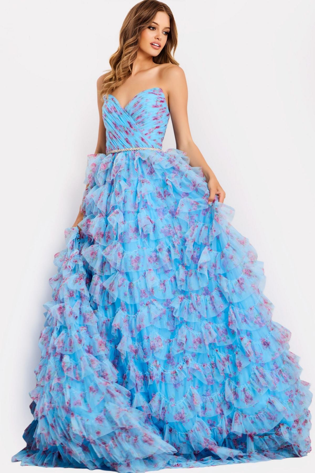 Prom Dresses Long Formal Ruffle Ball Gown Print Prom Dress Blue/Multi