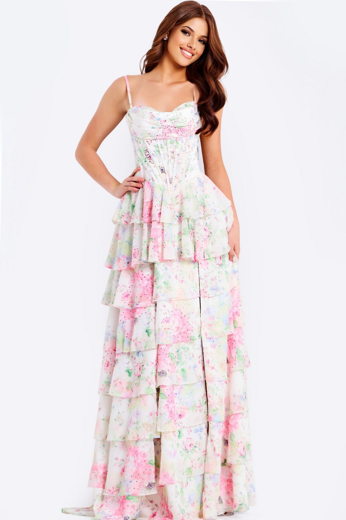 Jovani 47282 Ruffle Long Formal Floral Print Prom Dress