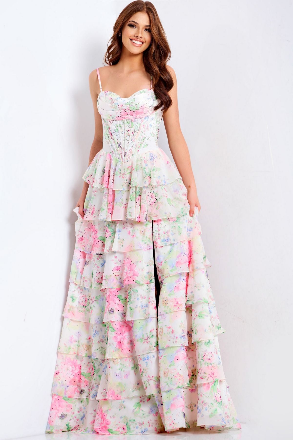 Prom Dresses Ruffle Long Formal Floral Print Prom Dress Print