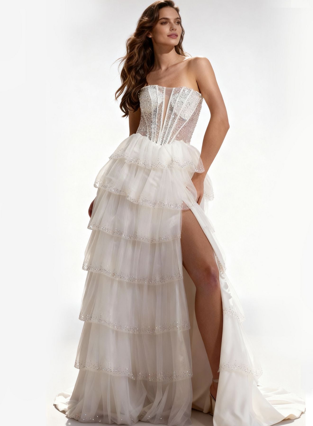 Wedding Dresses Long Formal Beaded Ruffle Sequin Bridal Wedding Dress Off White