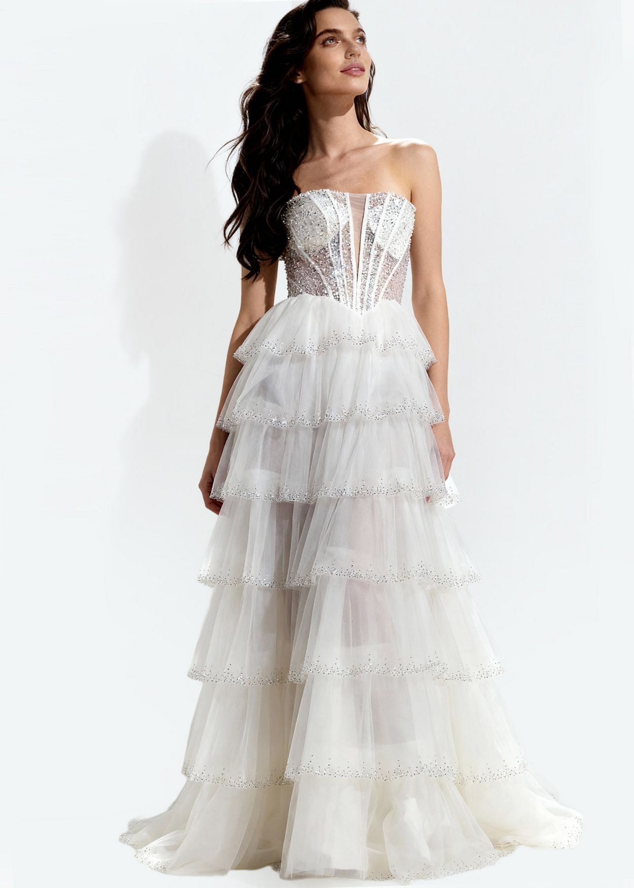 Wedding Dresses Long Formal Beaded Ruffle Sequin Bridal Wedding Dress Off White