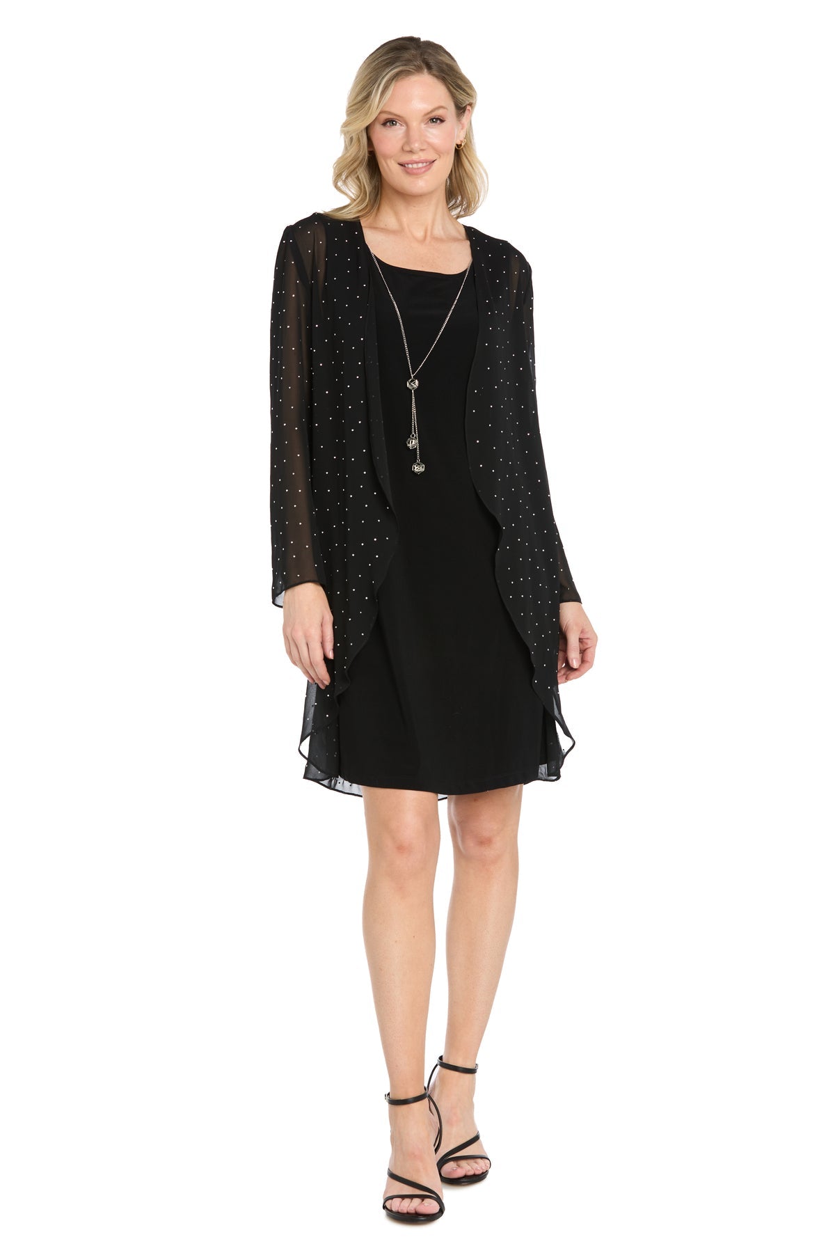 Black/Silver R&M Richards 4731 Scoop Neck Knee-Length Mesh Cocktail Dress Rhinestone