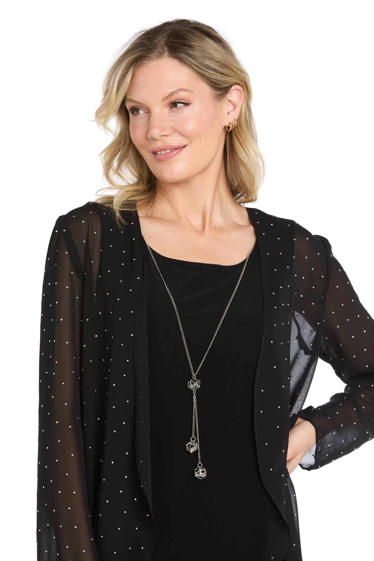 Black/Silver R&M Richards 4731 Scoop Neck Knee-Length Mesh Cocktail Dress Rhinestone