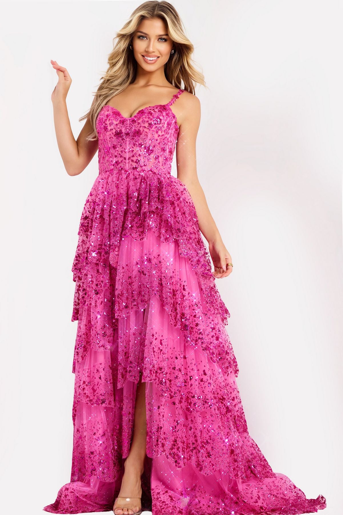 Prom Dresses Formal Long Sequin A Line Ruffle Prom Dress Fuchsia