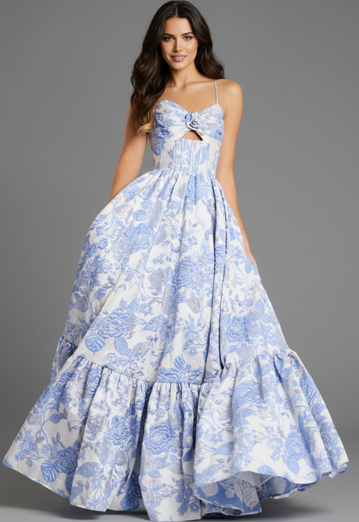 jovani blue and white floral dress Jovani 06808 Light Blue Deep V Neck Floral Prom Ballgown
