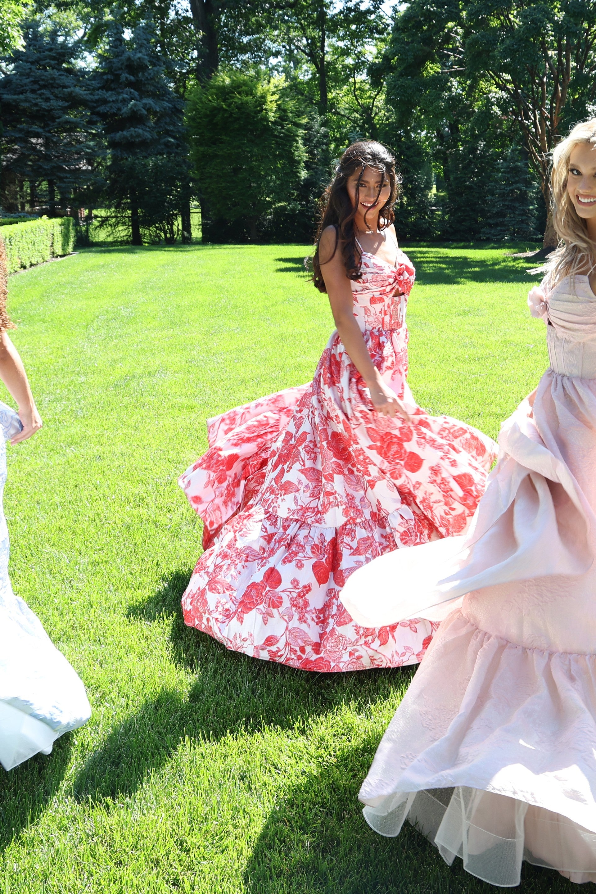 Prom Dresses Long Formal Floral Print Ball Gown Prom Dress Red