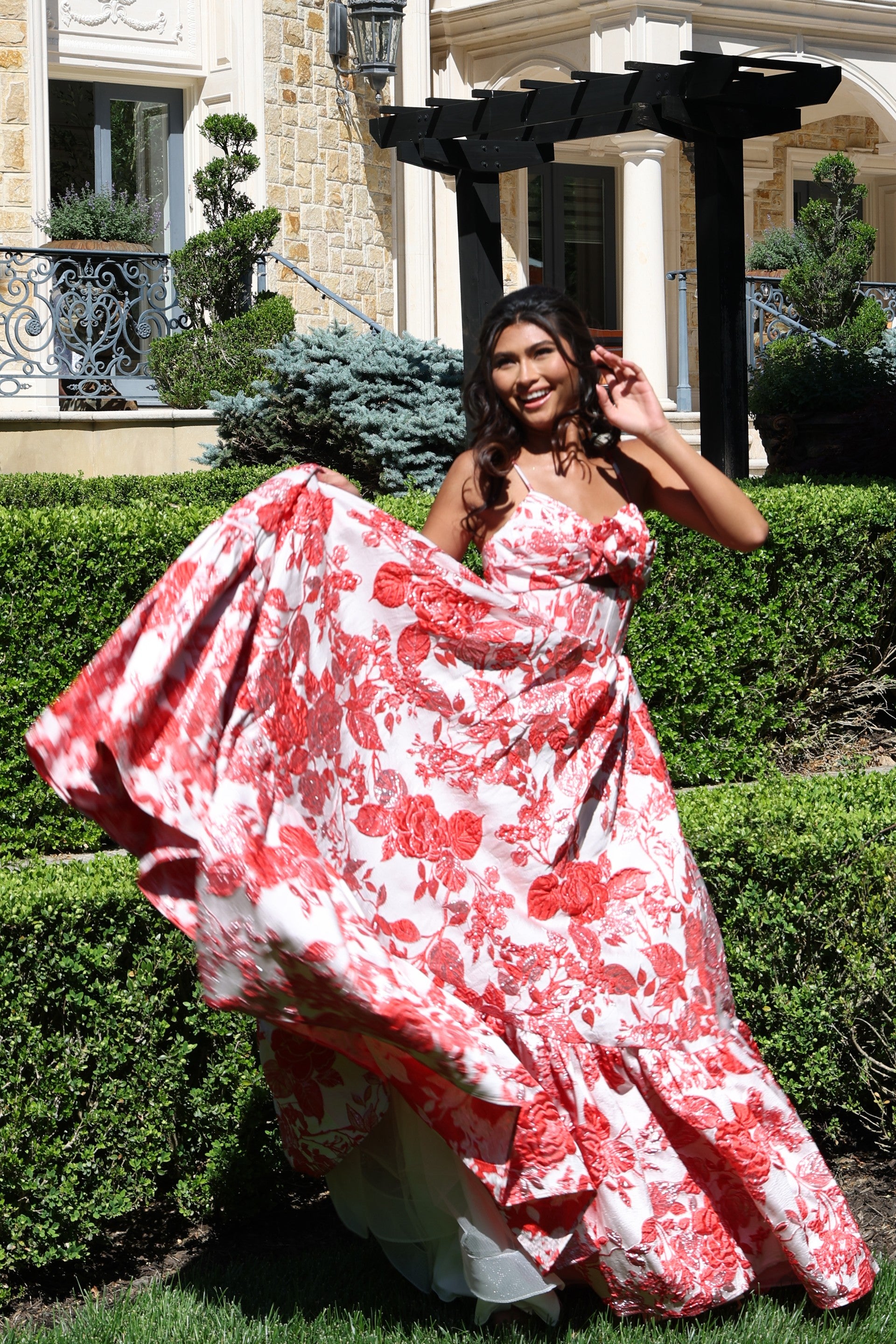 Prom Dresses Long Formal Floral Print Ball Gown Prom Dress Red