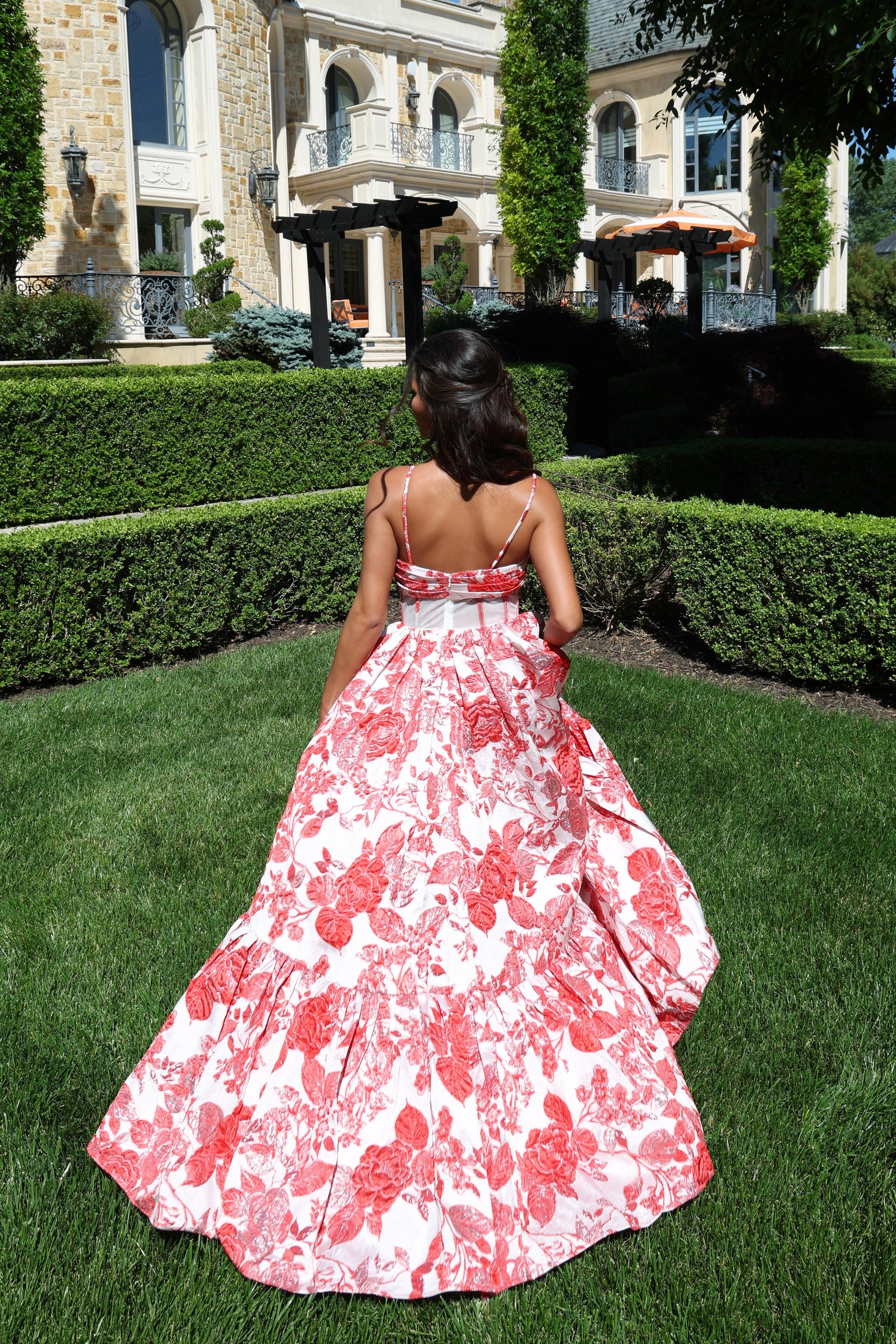 Prom Dresses Long Formal Floral Print Ball Gown Prom Dress Red