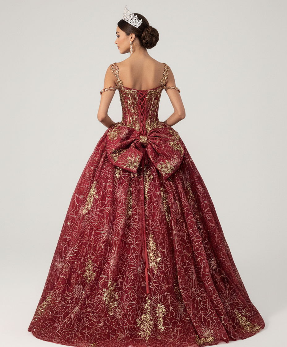 Quinceniera Dresses Lace Applique Long Beaded Metallic Quinceanera Dress Jovani Q47377 Wine/Gold