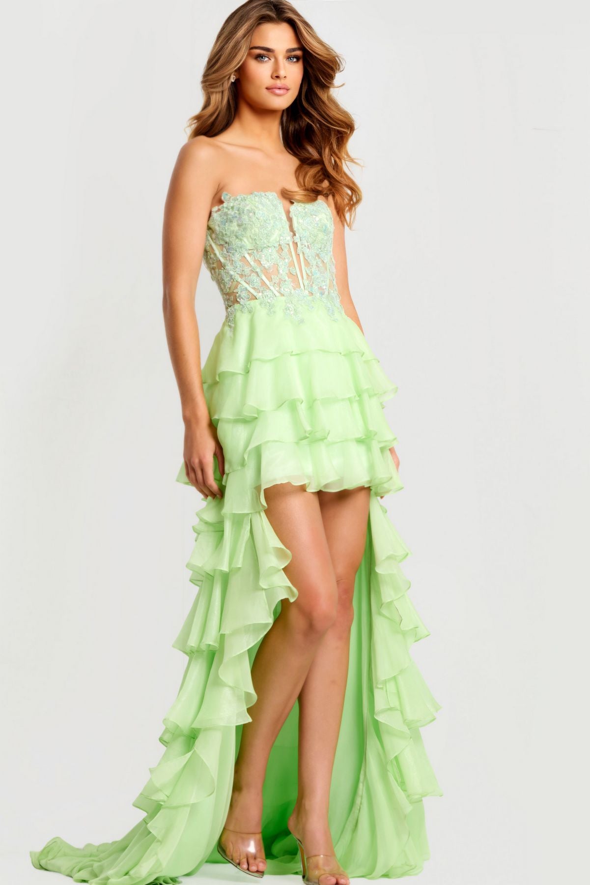 Prom Dresses Corset Beaded High Low Long Formal Prom Dress Light Green