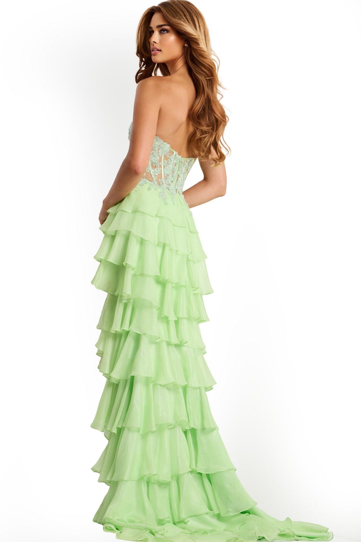 Prom Dresses Corset Beaded High Low Long Formal Prom Dress Light Green