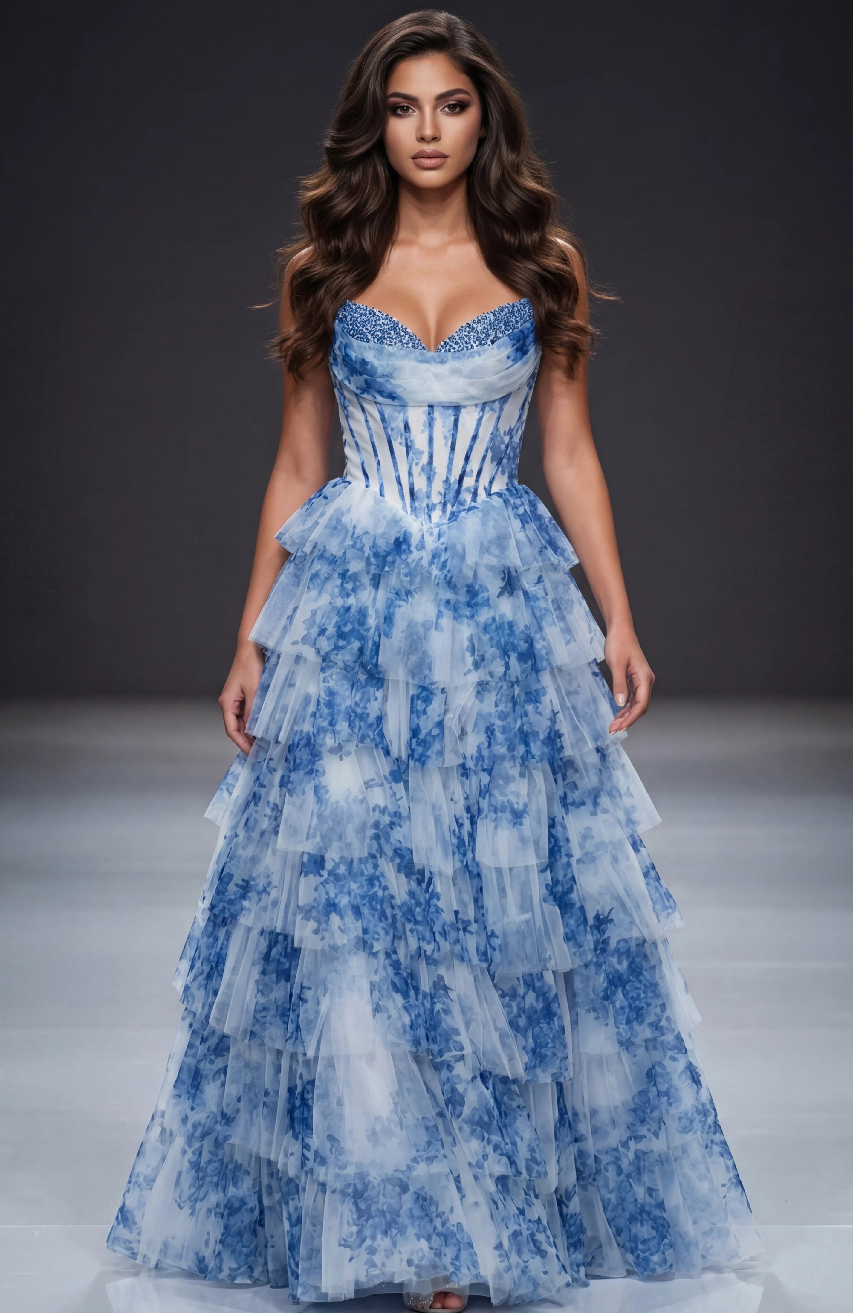 Prom Dresses Beaded Long Formal Ruffle Print A Line Prom Dress Blue