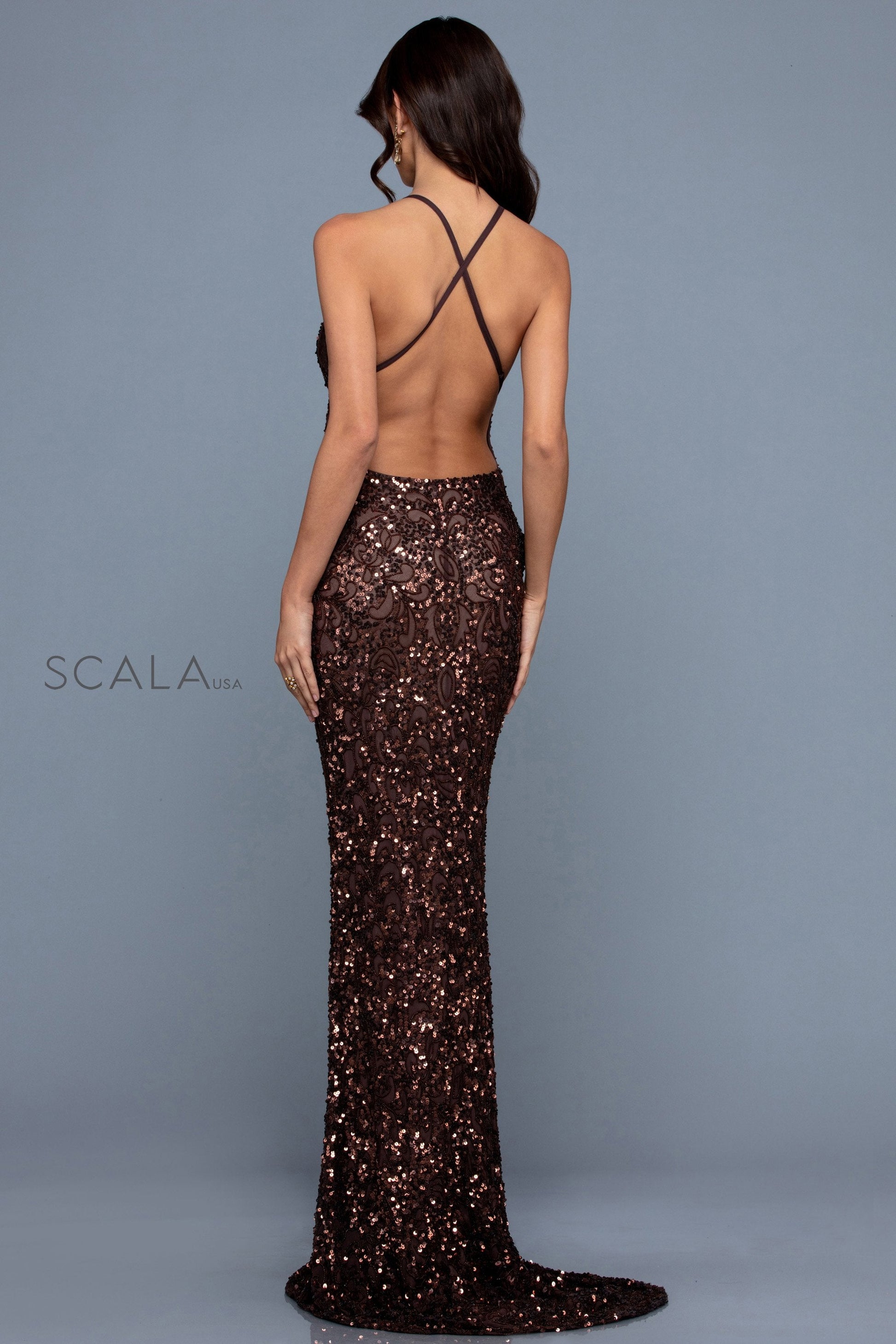Scala 47542 Fitted Formal Long Beaded Sequin Prom Dress