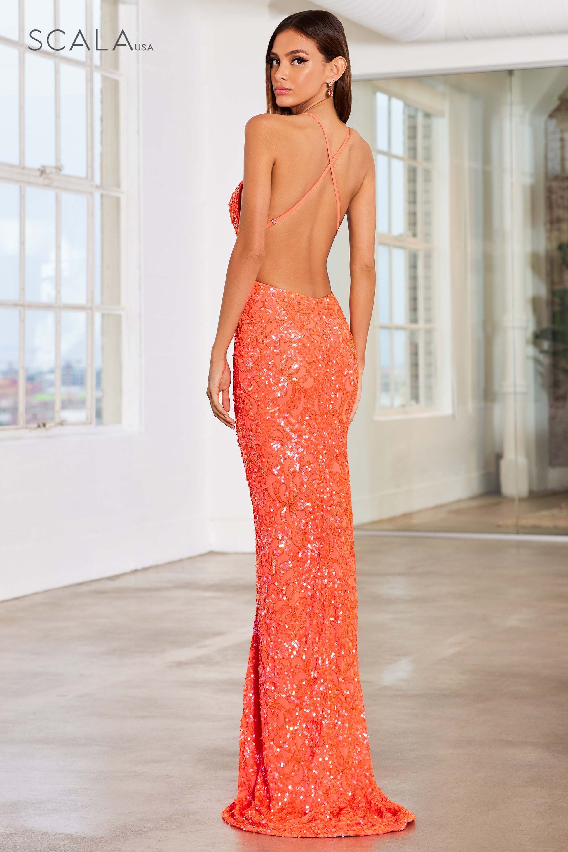 Scala 47542 Fitted Formal Long Beaded Sequin Prom Dress