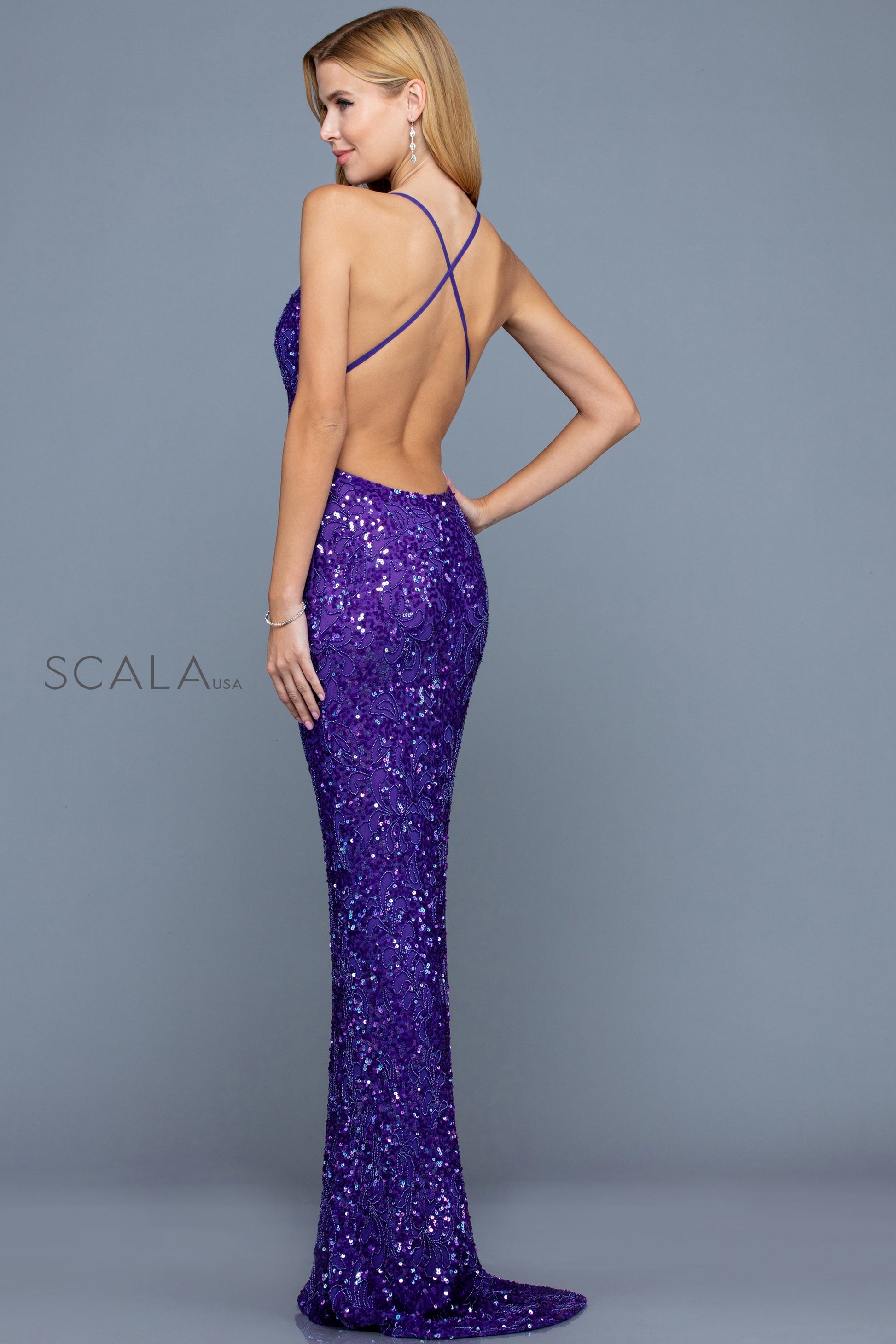 Scala 47542 Fitted Formal Long Beaded Sequin Prom Dress
