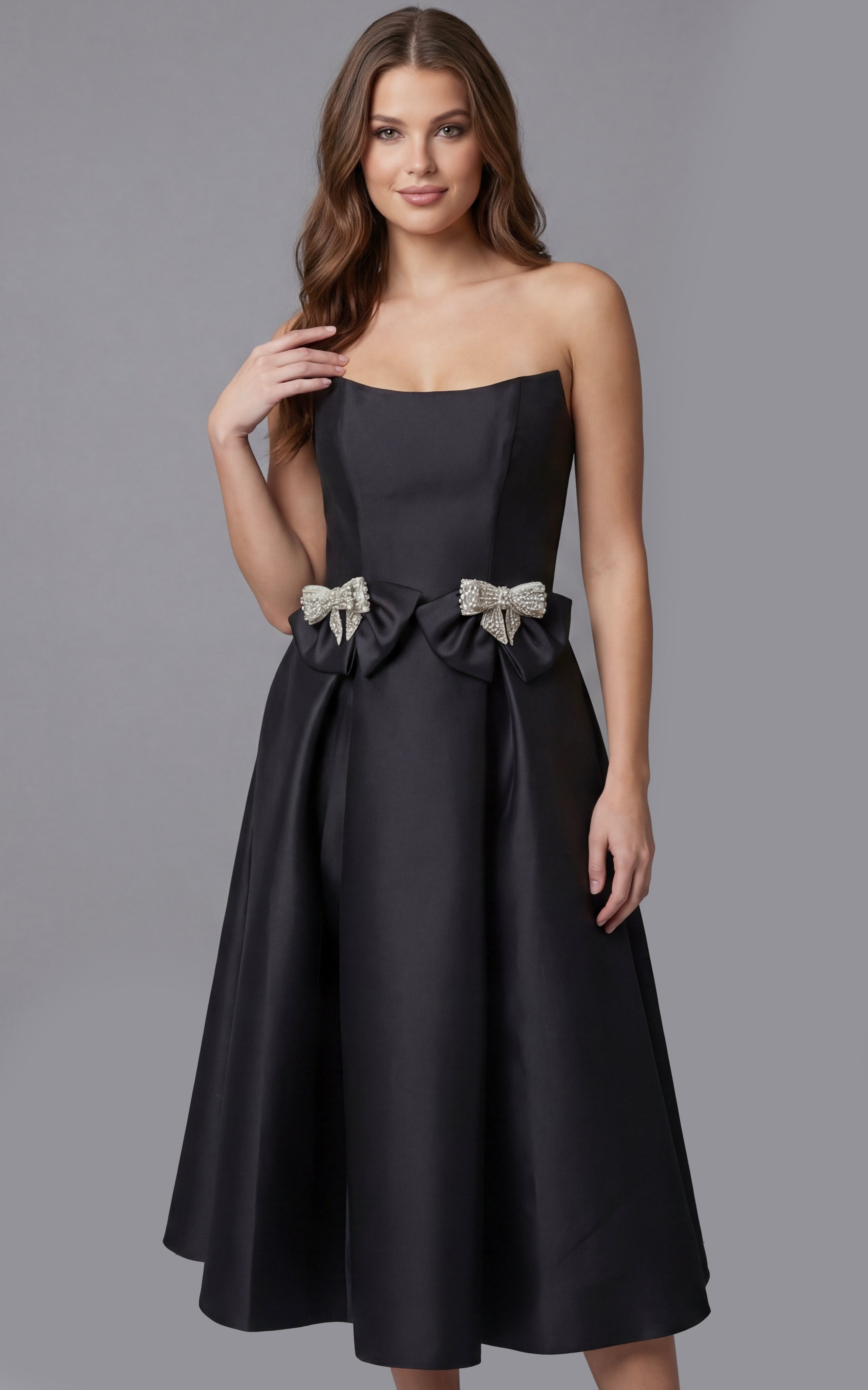 Strapless Straight Neck Tea-Length Satin Cocktail A-Line Jovani 47595