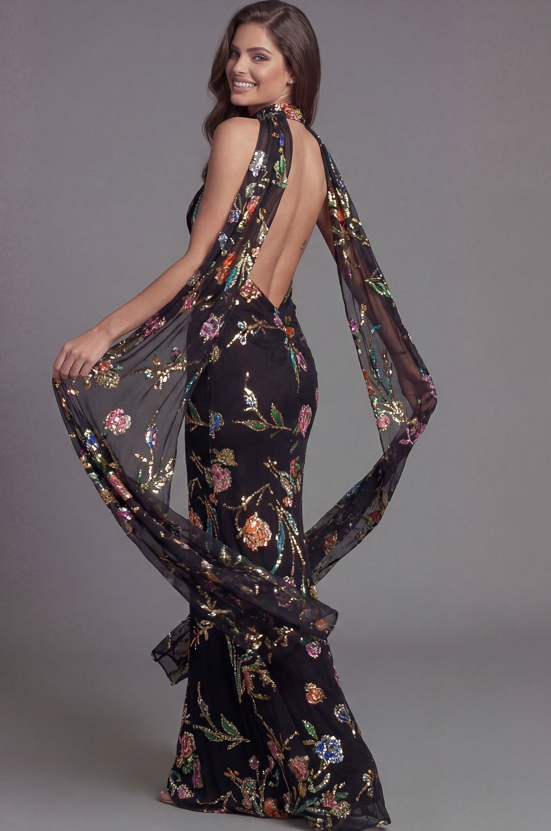 Black/Multi Halter Floor-Length Sequin Floral Formal Gown Sheath Dress Jovani 47624