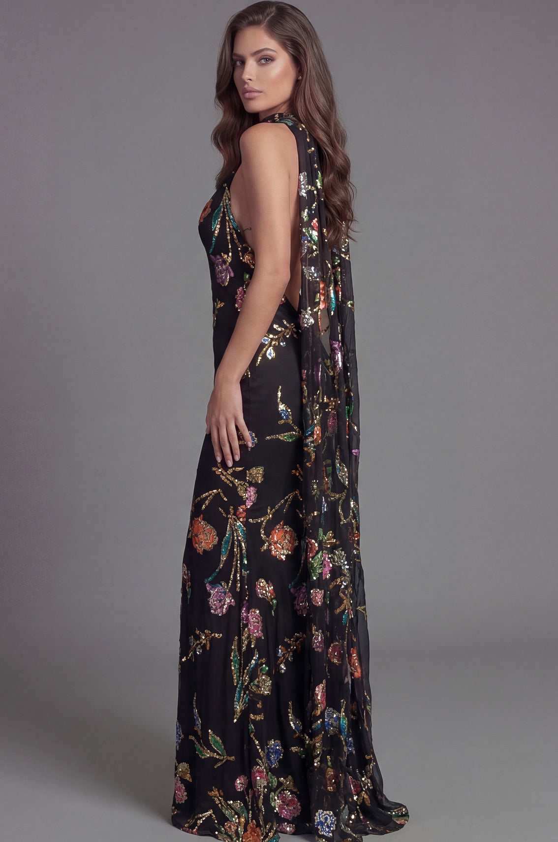 Black/Multi Halter Floor-Length Sequin Floral Formal Gown Sheath Dress Jovani 47624