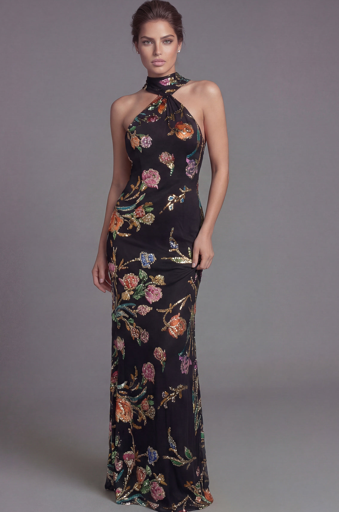 Black/Multi Halter Floor-Length Sequin Floral Formal Gown Sheath Dress Jovani 47624