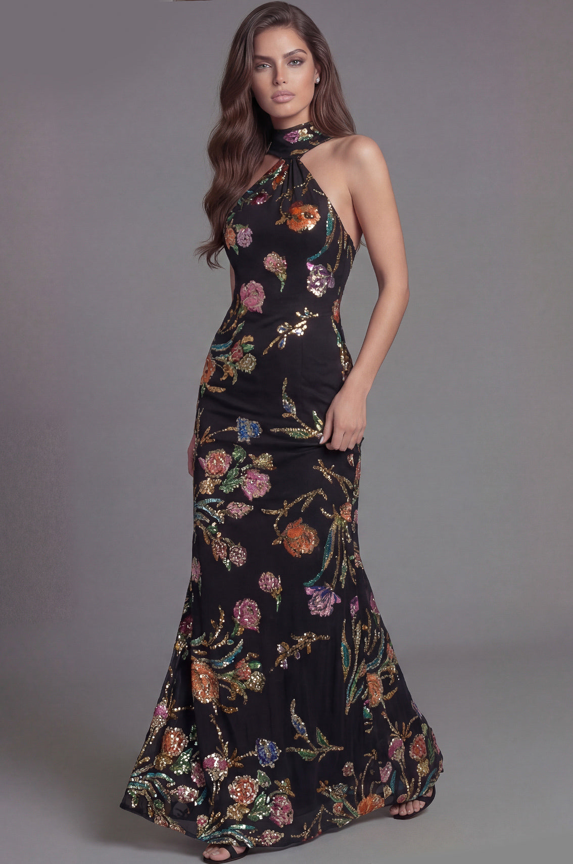 Black/Multi Halter Floor-Length Sequin Floral Formal Gown Sheath Dress Jovani 47624