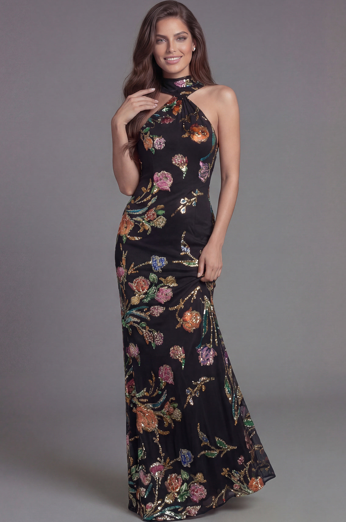 Black/Multi Halter Floor-Length Sequin Floral Formal Gown Sheath Dress Jovani 47624