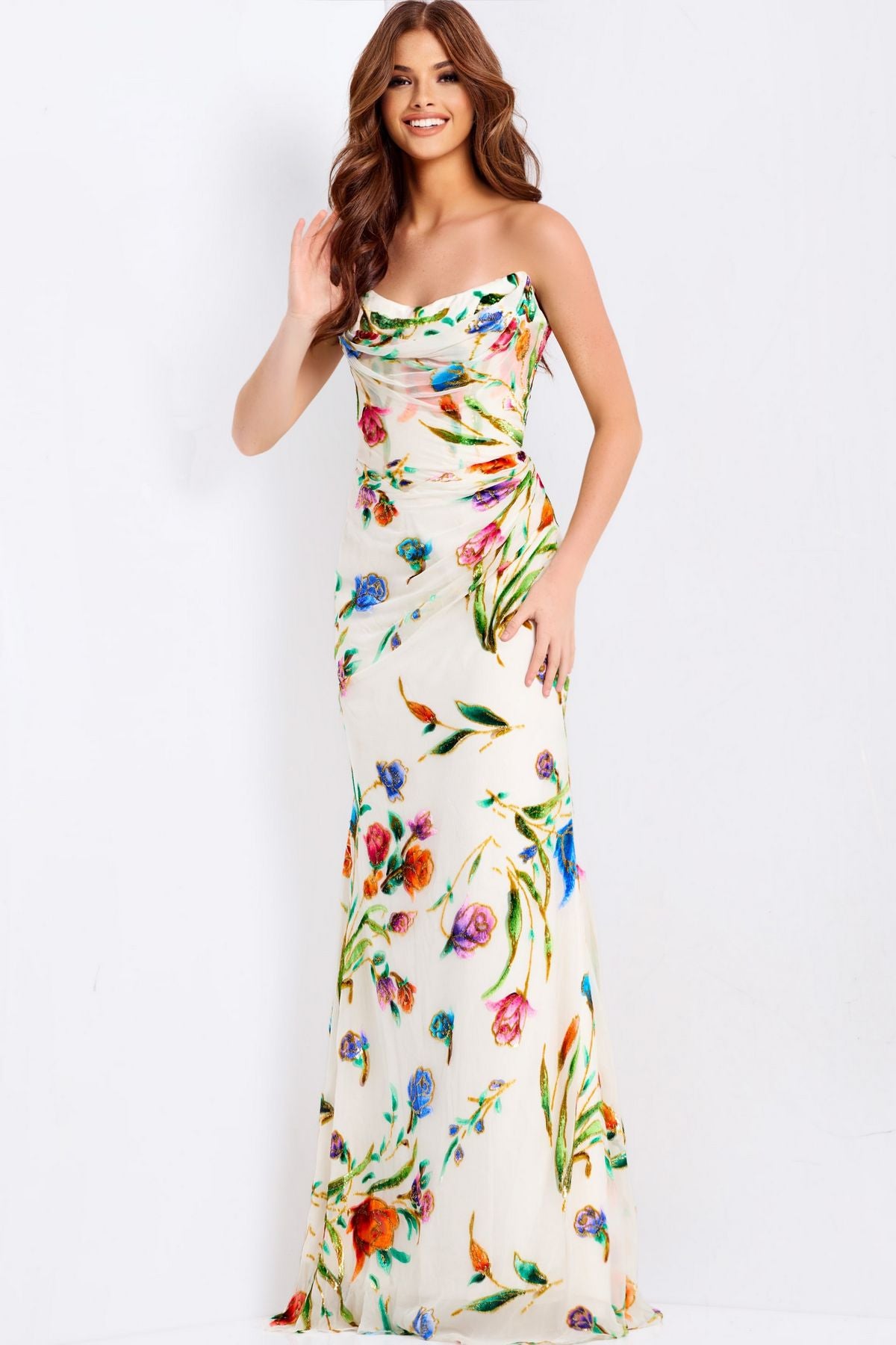 Prom Dresses Print Long Formal Fitted Floral Prom Dress Ivory/Multi