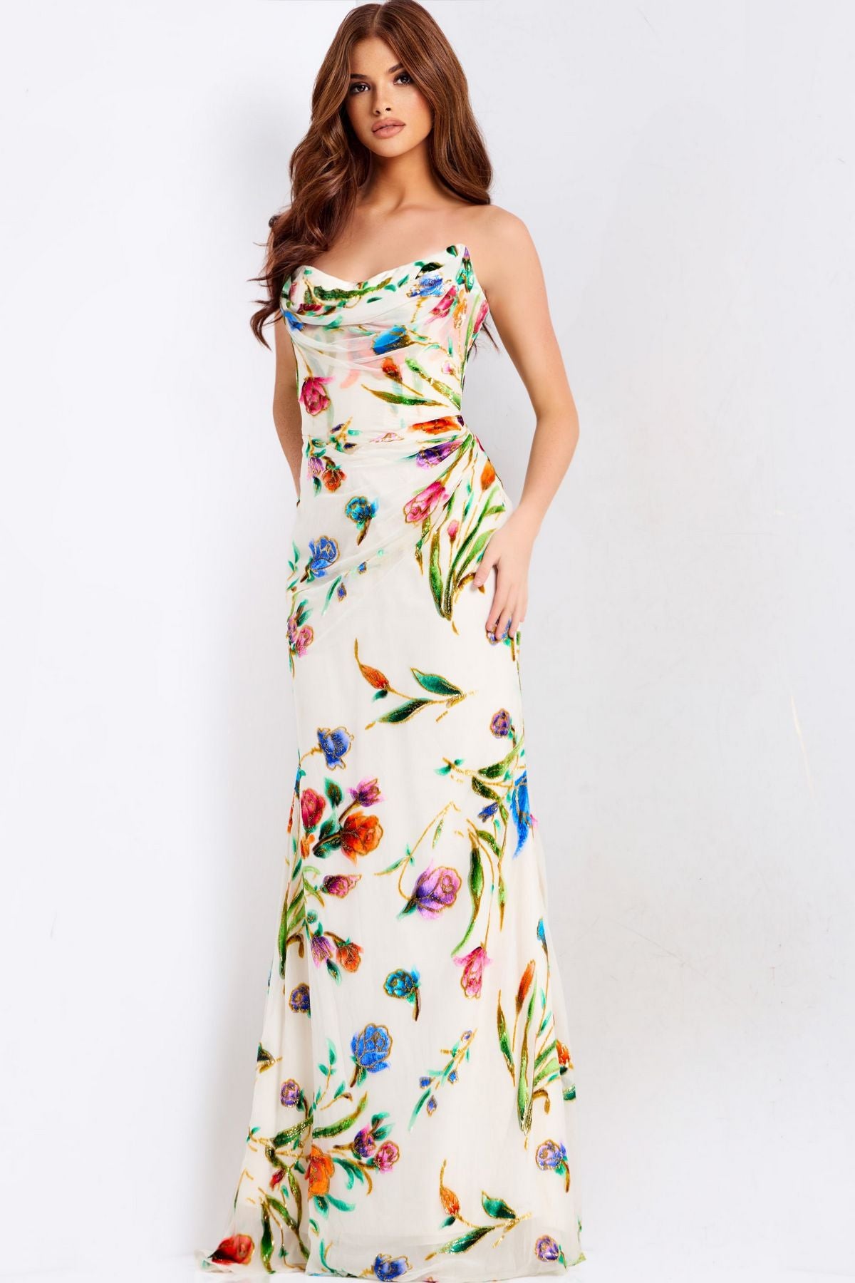 Prom Dresses Print Long Formal Fitted Floral Prom Dress Ivory/Multi