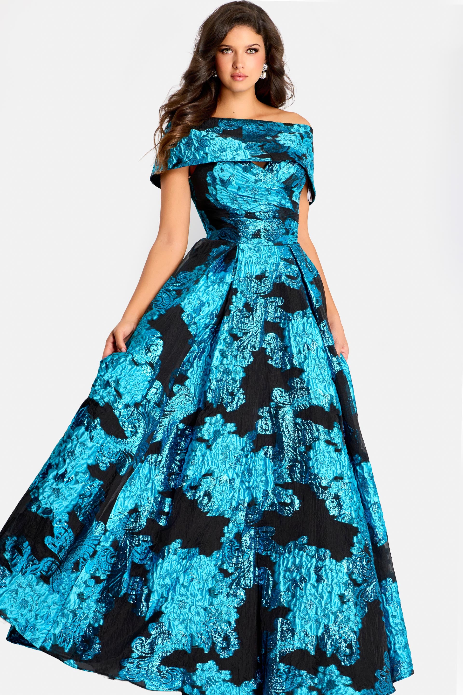 Formal Dresses Long Formal Metallic A Line Dress Jovani 47630 Peacock/Black