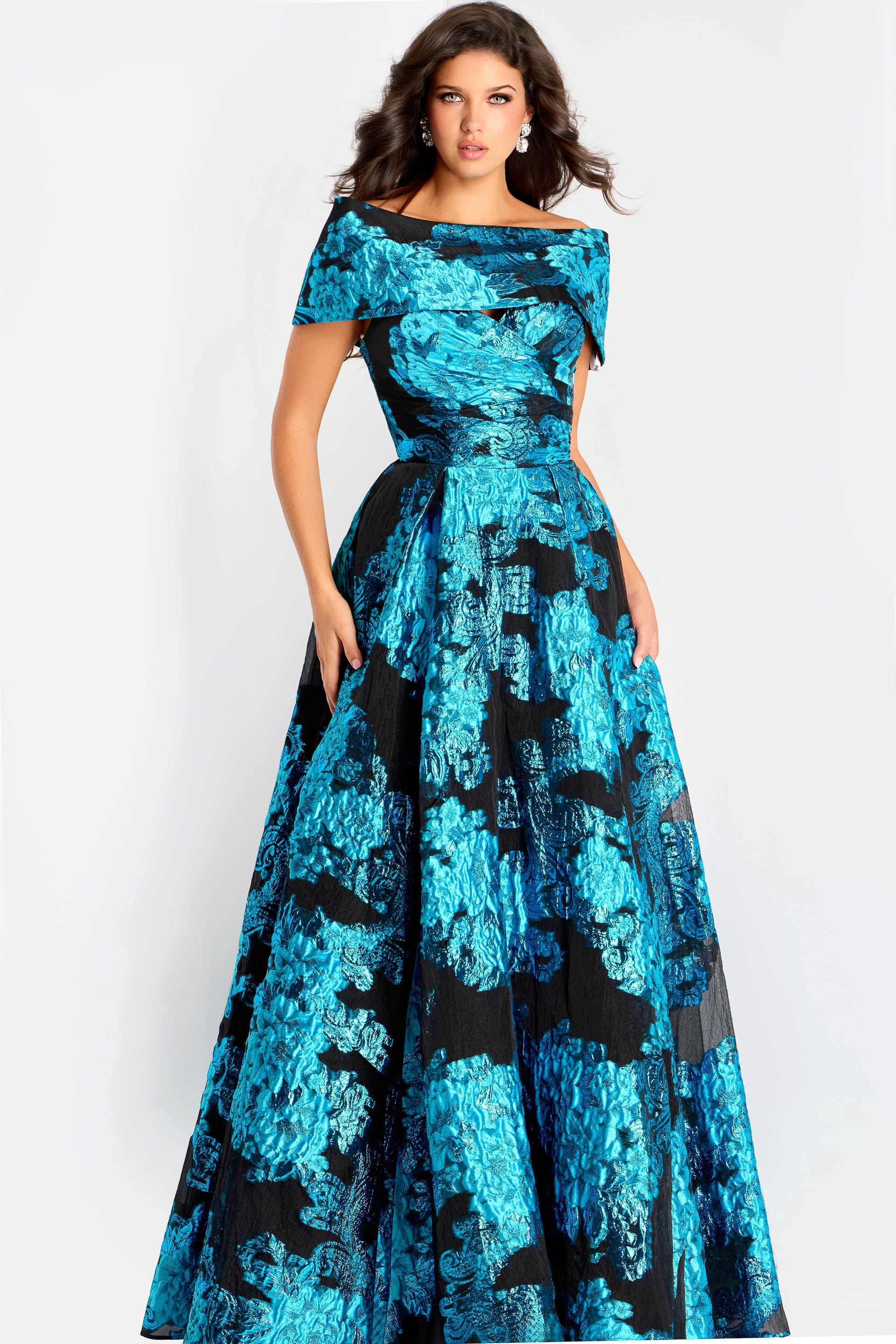 Formal Dresses Long Formal Metallic A Line Dress Jovani 47630 Peacock/Black