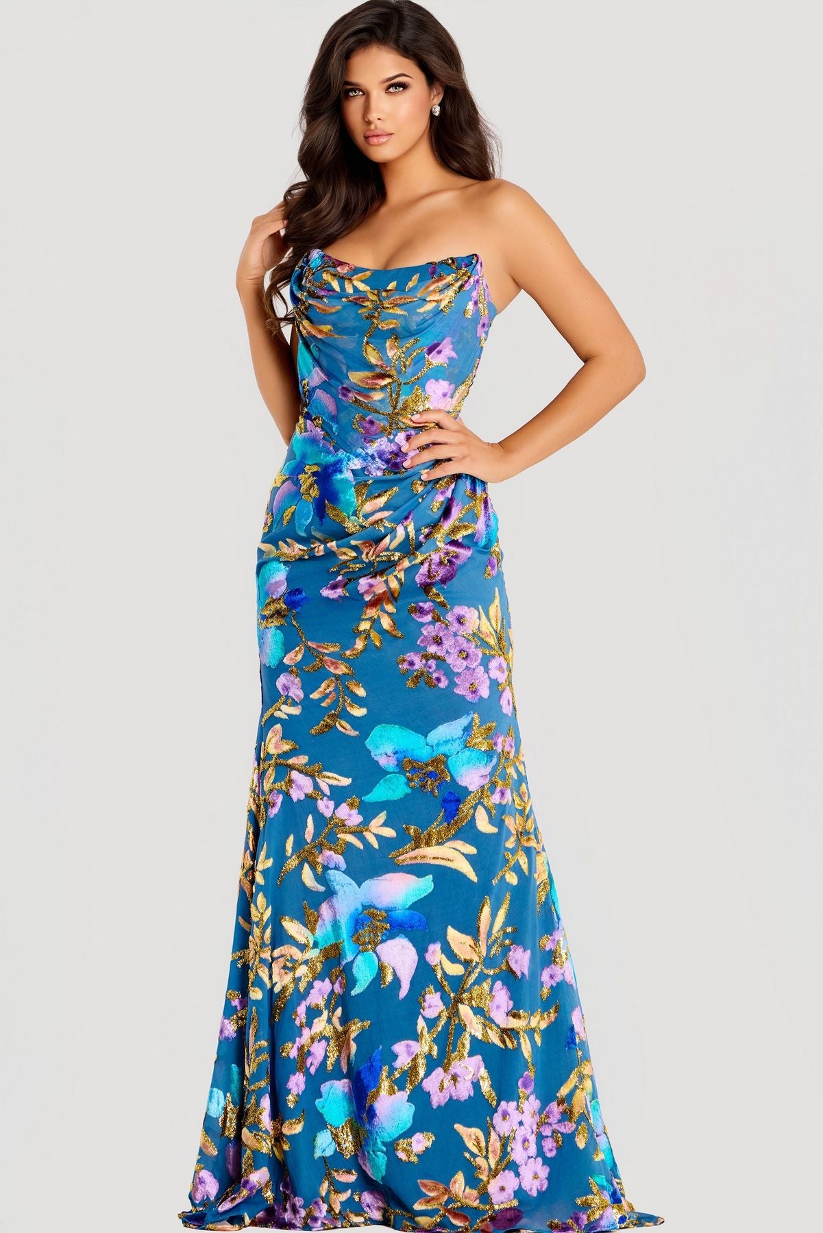 Prom Dresses Floral Sequin Long Formal Prom Dress Blue/Gold