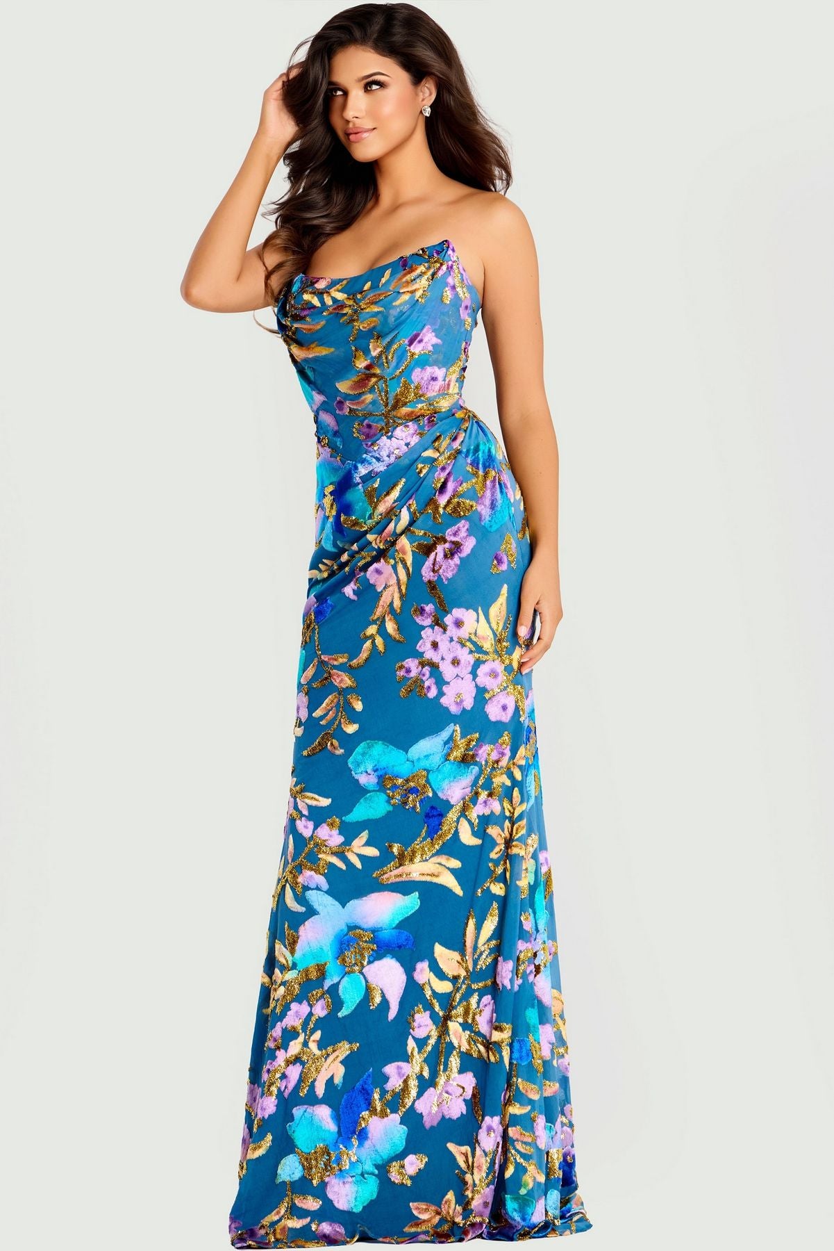 Prom Dresses Floral Sequin Long Formal Prom Dress Blue/Gold