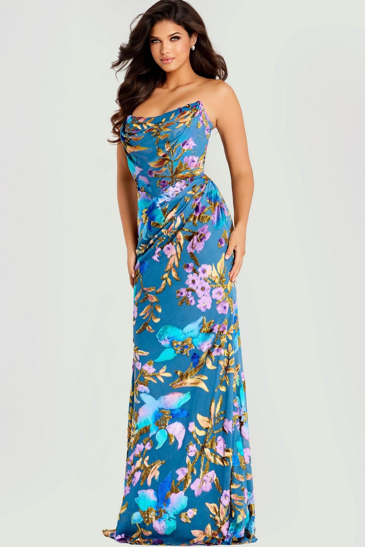 Prom Dresses Floral Sequin Long Formal Prom Dress Blue/Gold