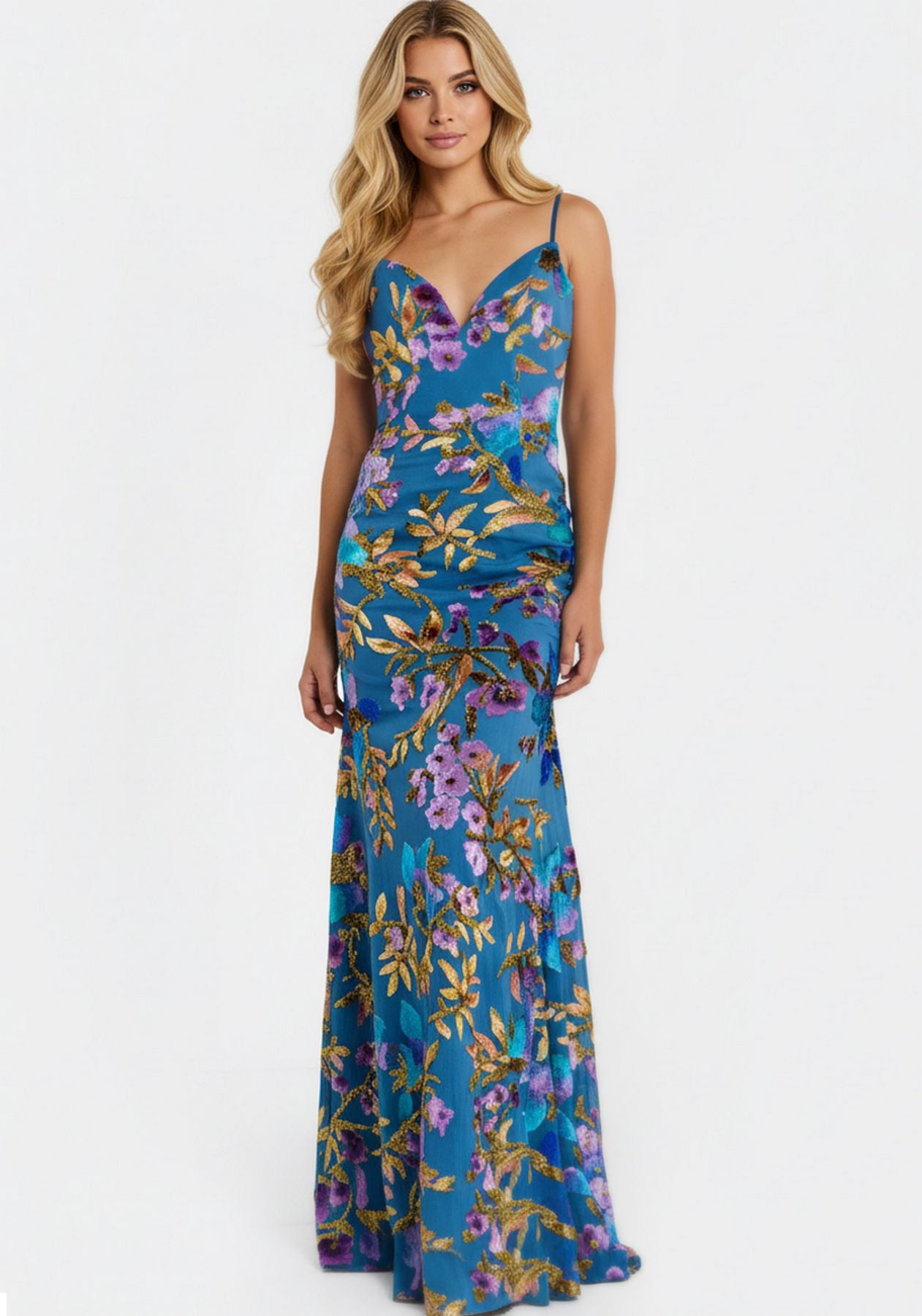 Prom Dresses Floral Mermaid Long Formal Prom Dress Blue/Multi