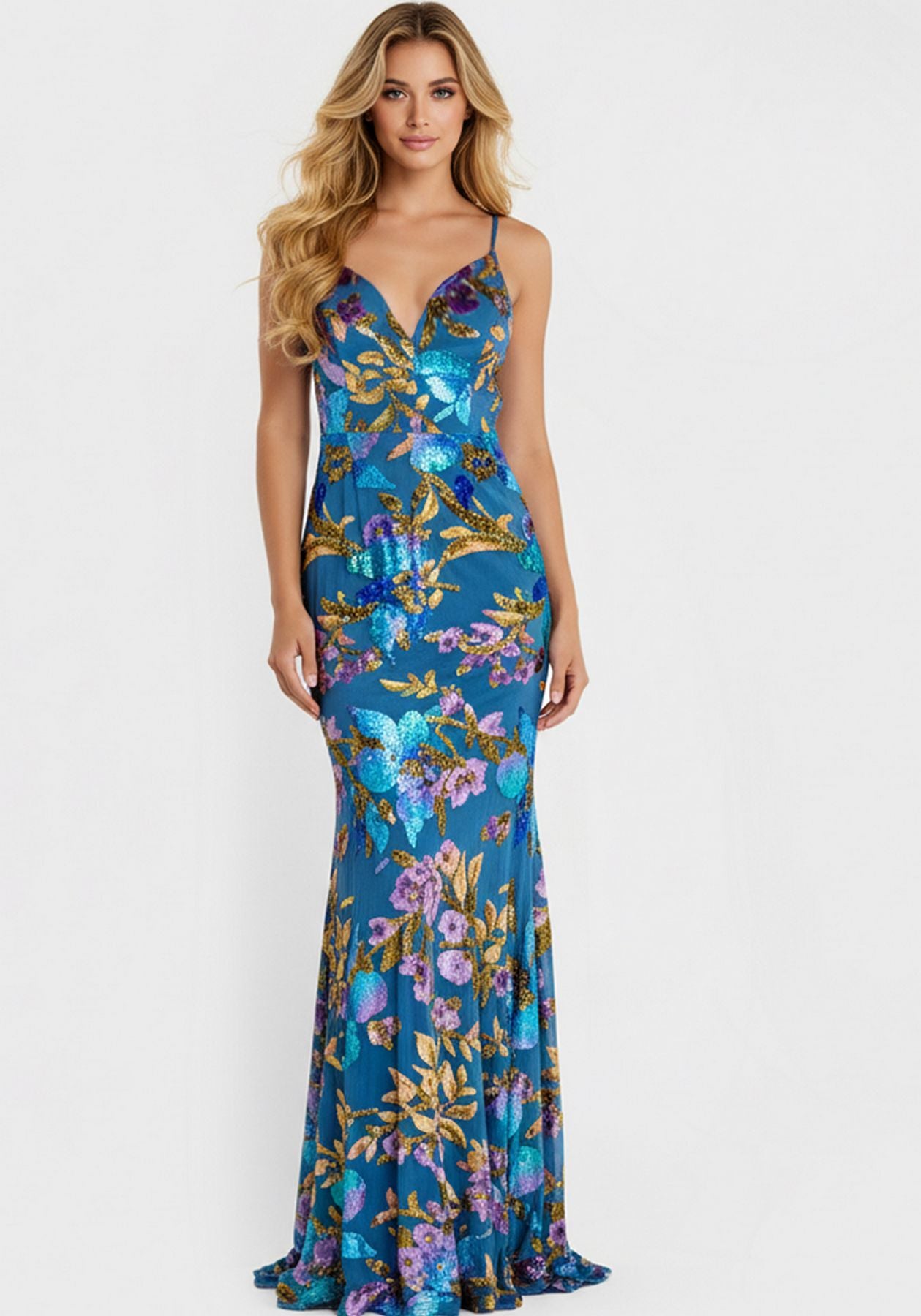 Prom Dresses Floral Mermaid Long Formal Prom Dress Blue/Multi