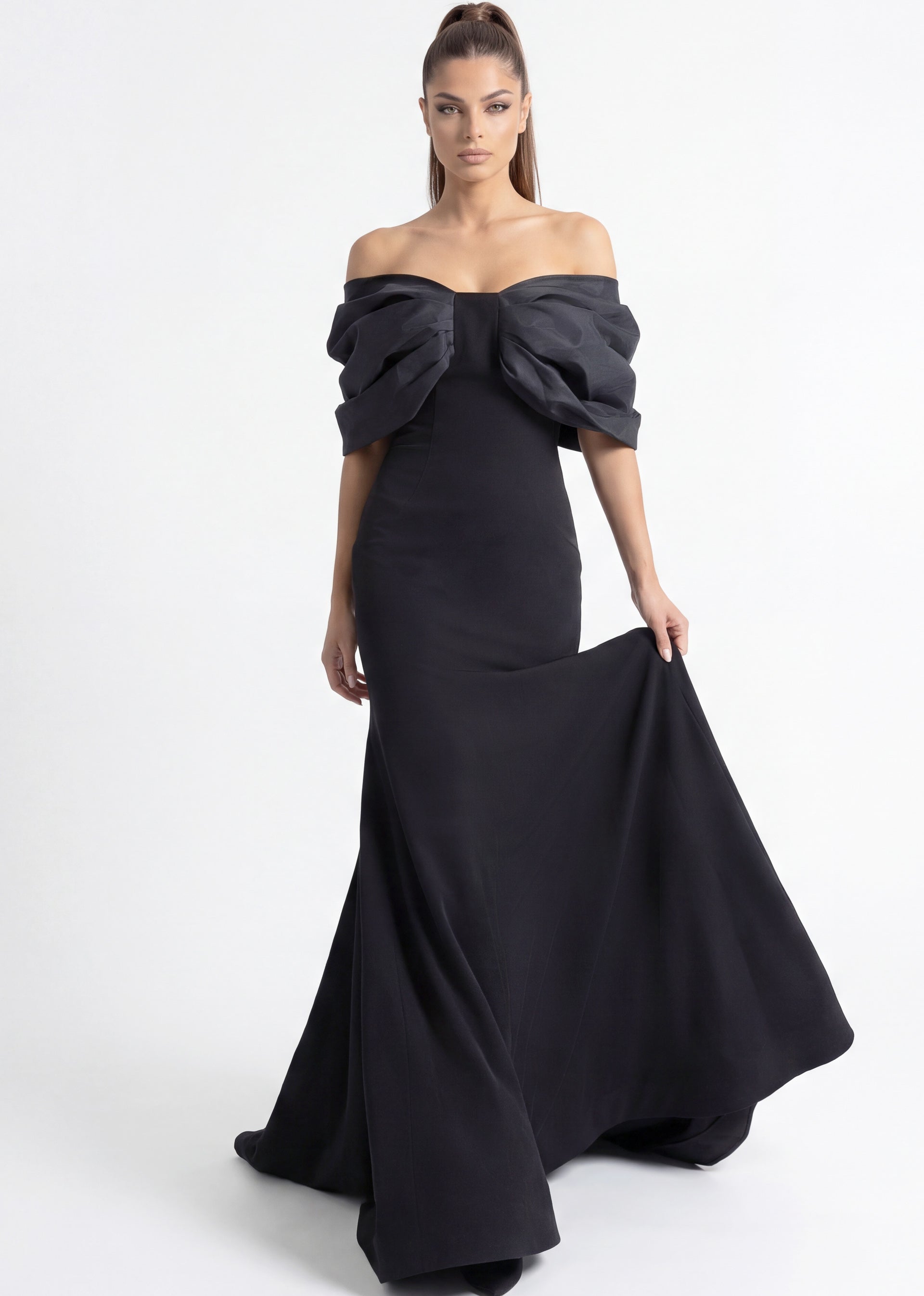 Black Off-the-Shoulder Floor-Length Stretch Crepe Prom Dress with Draped Folded Bodice Jovani 47657