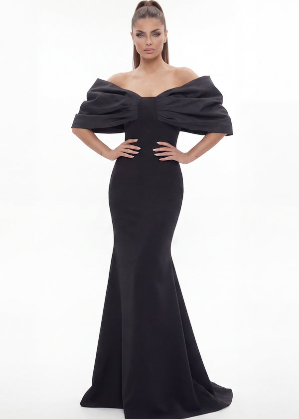 Off-the-Shoulder Floor-Length Stretch Crepe Prom Dress with Draped Folded Bodice Jovani 47657