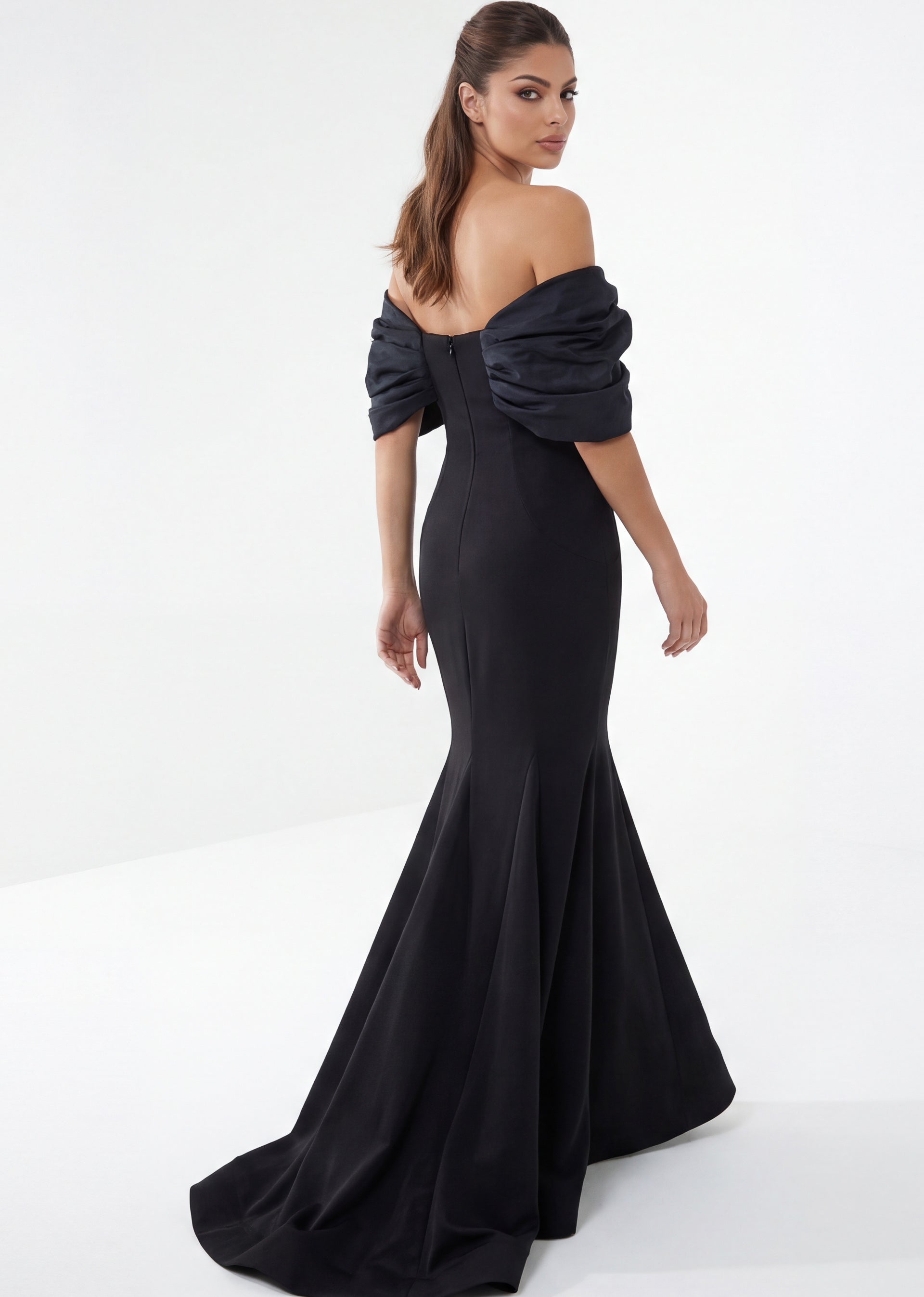 Black Off-the-Shoulder Floor-Length Stretch Crepe Prom Dress with Draped Folded Bodice Jovani 47657
