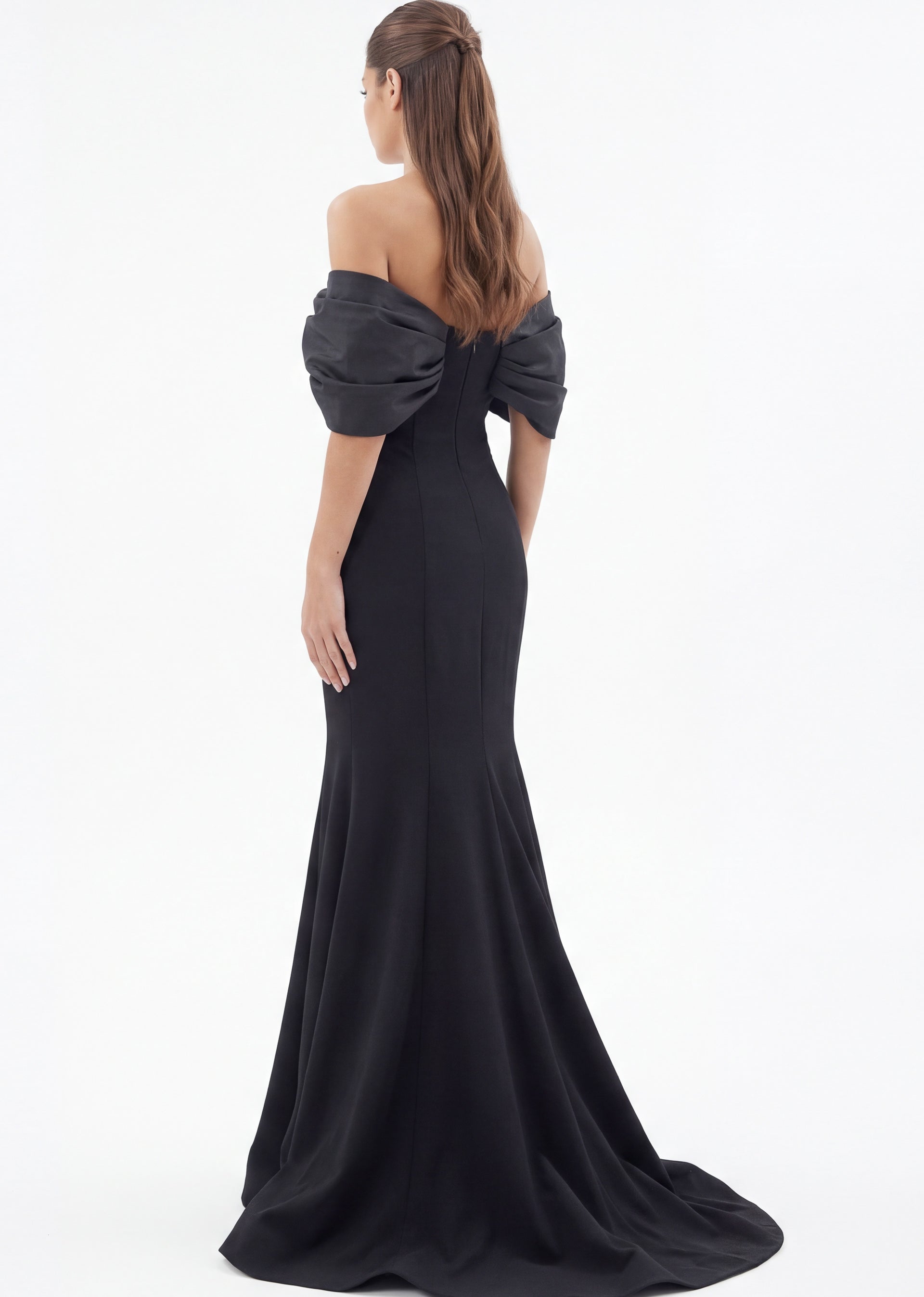 Black Off-the-Shoulder Floor-Length Stretch Crepe Prom Dress with Draped Folded Bodice Jovani 47657